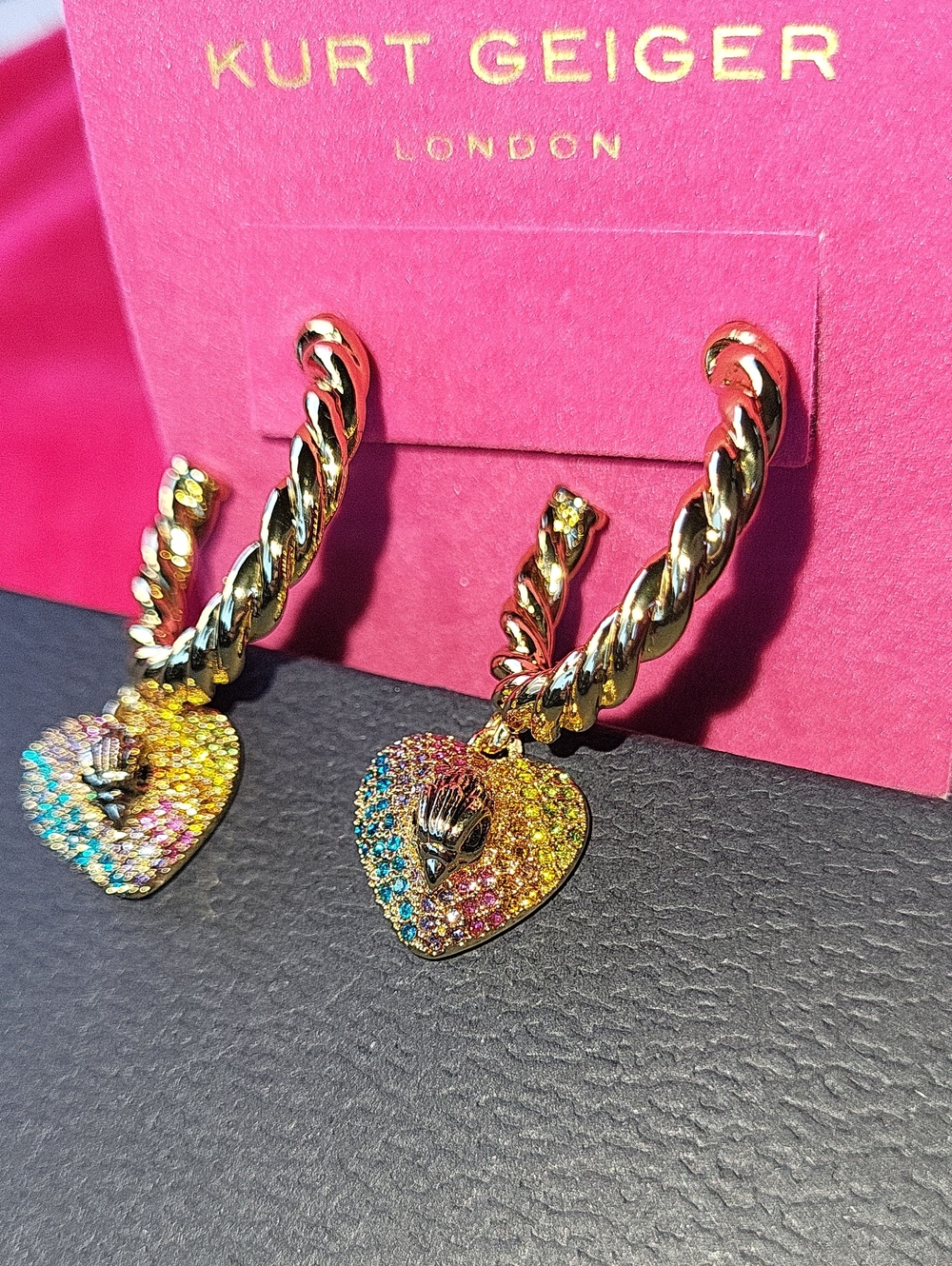 Kurt Geiger Gold Twisted Hoop Earrings with Eagle Rainbow Crystal Heart CharmsmL